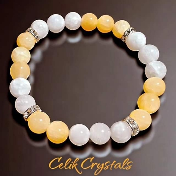 Moonstone Honey Calcite Bracelet Natural Stones 8mm Unisex Stretch Crystals - Picture 4 of 5